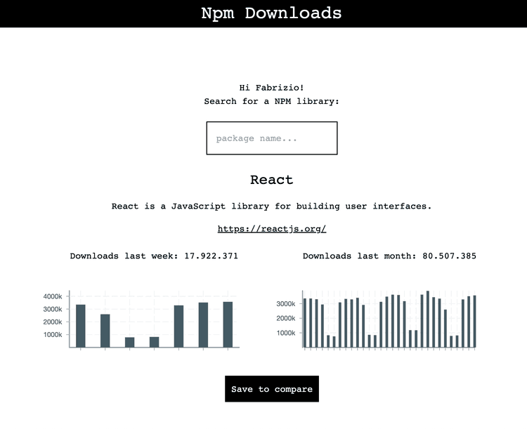 prototype screenshots of the npm downloads project